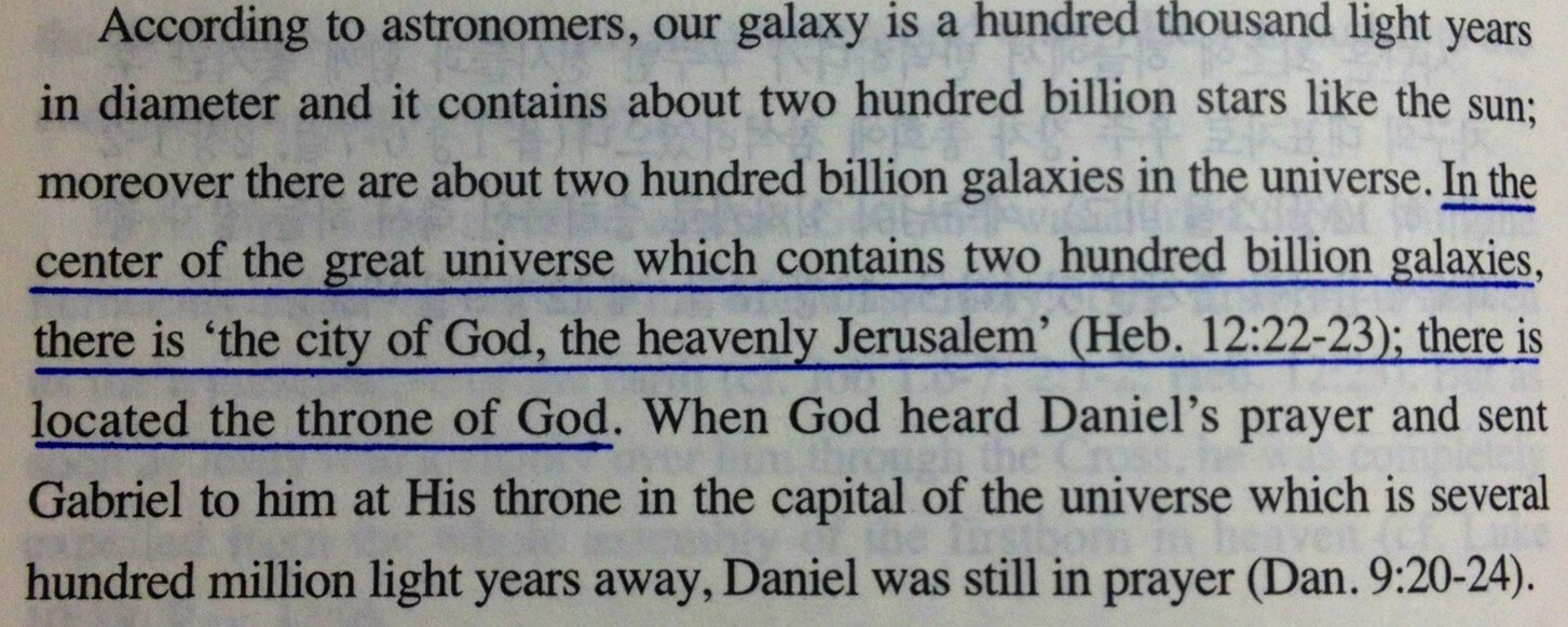 In the center of the Universe which contains 200 billion galaxies, there is 'the city of Go, the heavenly Jerusalem' (Hebrews. 12:22-23); there is located the throne of God